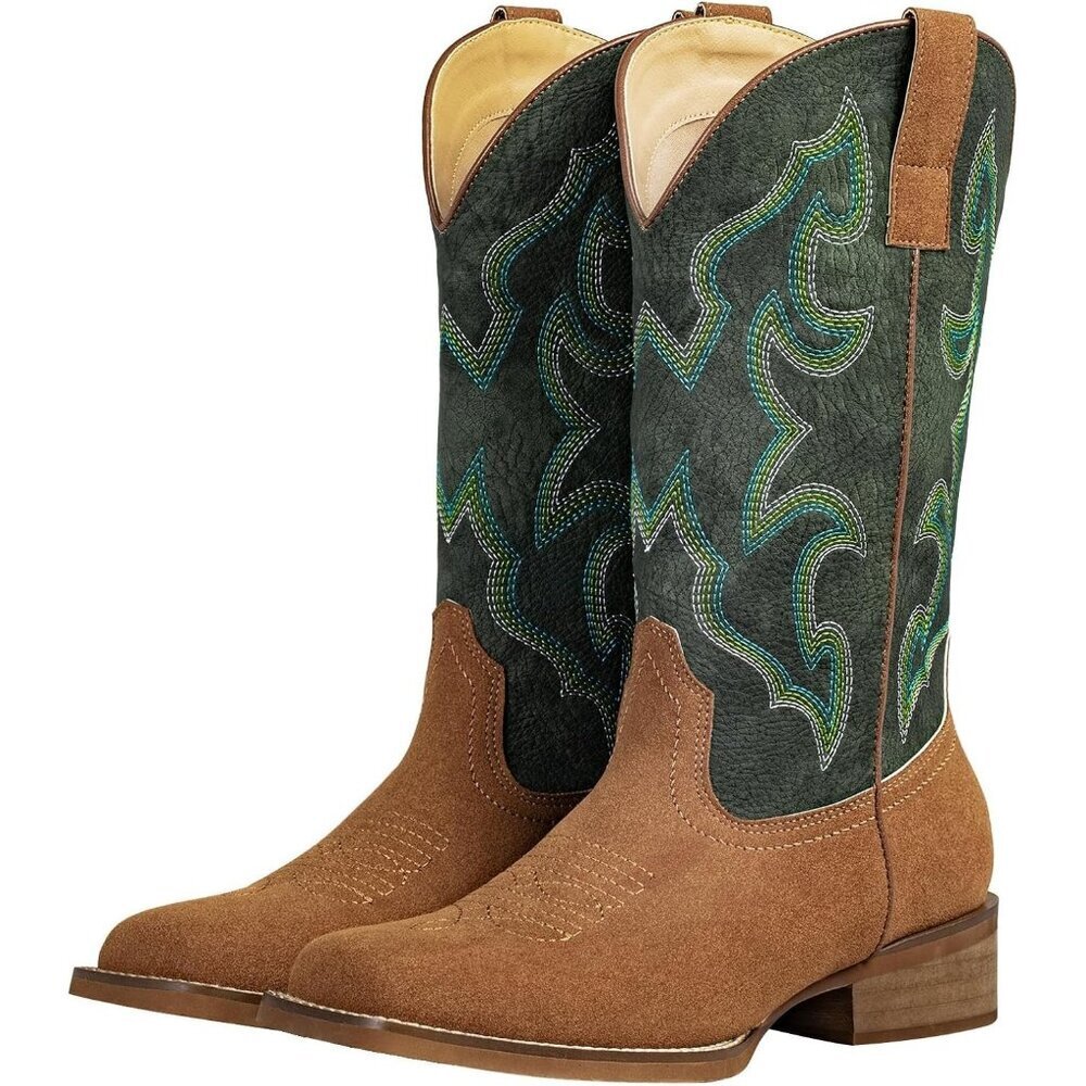 SheSole Woman Green Square Toe TwoTone Cowboy Boots Cowgirl Riding Western